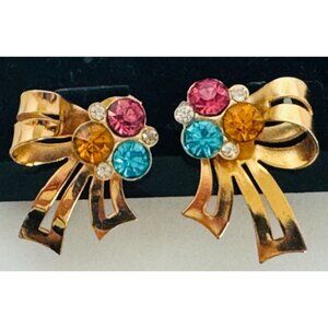 Coro Screw Back Earrings Vintage Bow Ribbon Colorful Rhinestones Goldtone 1 inch